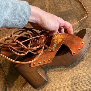 suede and wood chunky studded floral lace-up heels / platforms / clogs